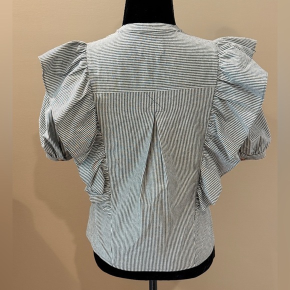 Women’s SAYLOR Grey & White pinstripe puff sleeve ruffle blouse- Size XS - Picture 4 of 9